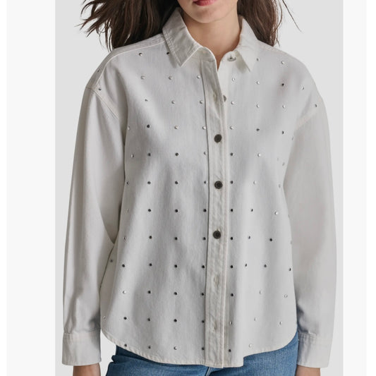 DKNY STUDDED STRETCH BUTTON-UP SHIRT