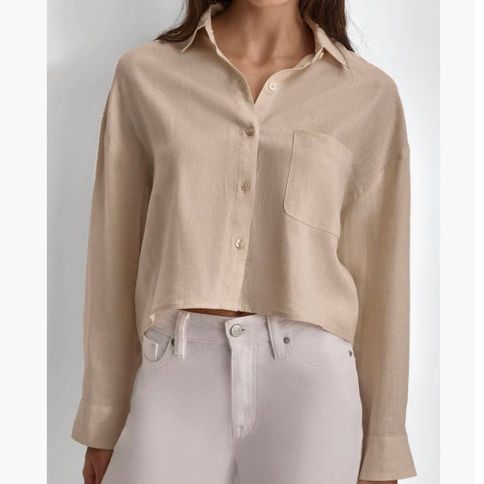 DKNY LONG SLEEVE LINEN BUTTON-UP SHIRT