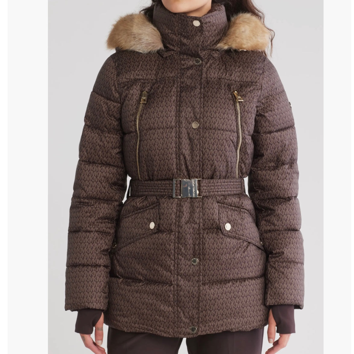 MICHAEL KORS FAUX FUR TRIM HOODED BELTED PUFFER JACKET