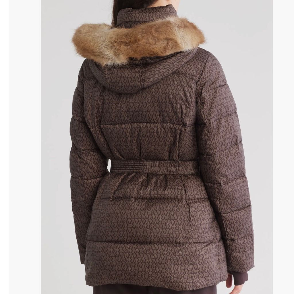MICHAEL KORS FAUX FUR TRIM HOODED BELTED PUFFER JACKET