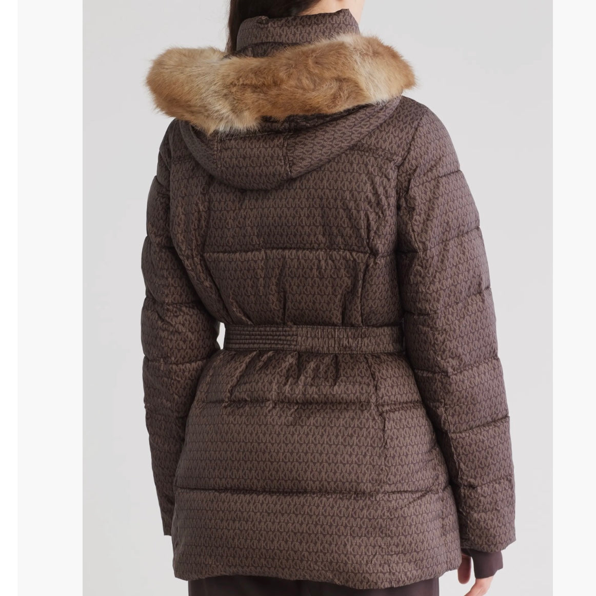 MICHAEL KORS FAUX FUR TRIM HOODED BELTED PUFFER JACKET