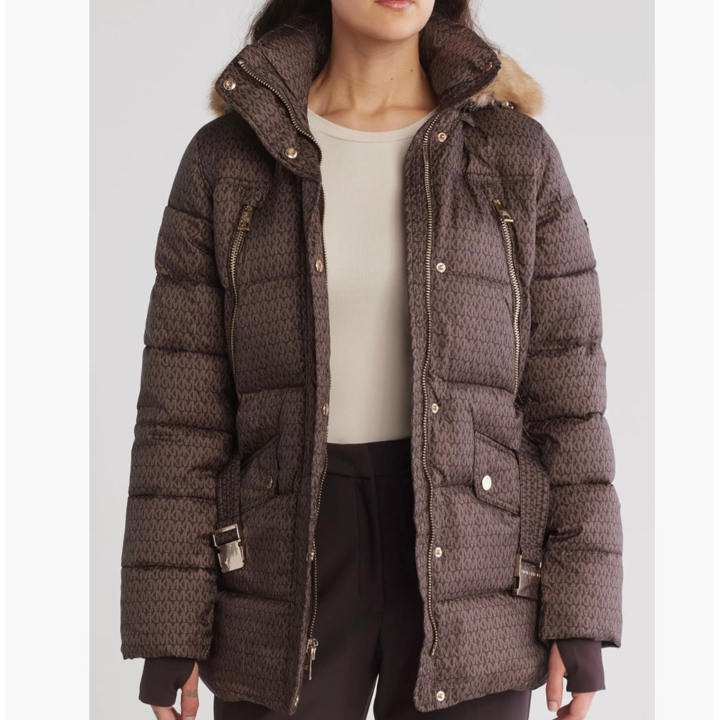 MICHAEL KORS FAUX FUR TRIM HOODED BELTED PUFFER JACKET