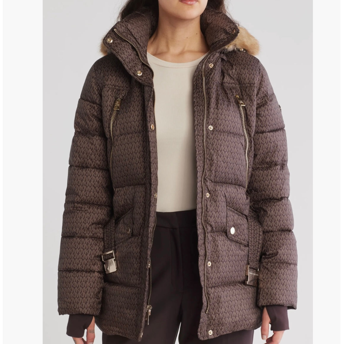 MICHAEL KORS FAUX FUR TRIM HOODED BELTED PUFFER JACKET