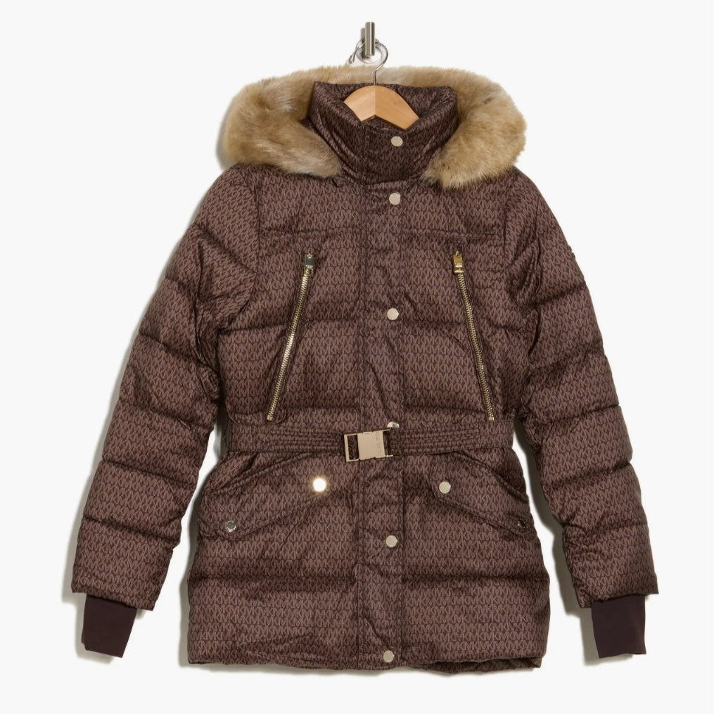 MICHAEL KORS FAUX FUR TRIM HOODED BELTED PUFFER JACKET
