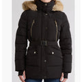 MICHAEL KORS FAUX FUR TRIM HOODED BELTED PUFFER JACKET