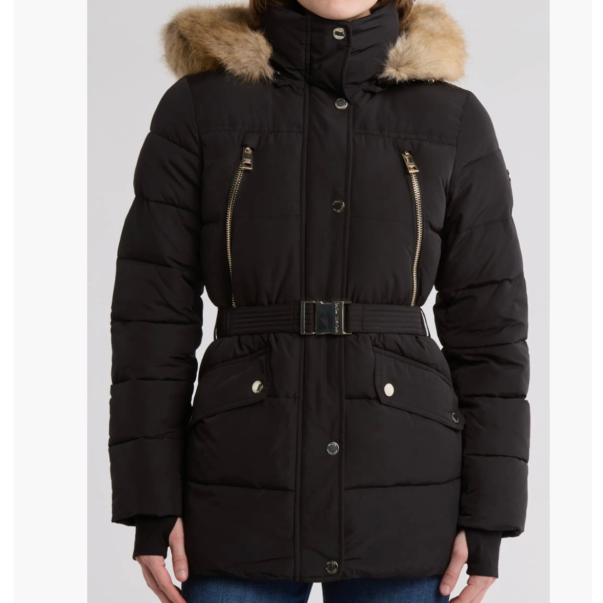 MICHAEL KORS FAUX FUR TRIM HOODED BELTED PUFFER JACKET
