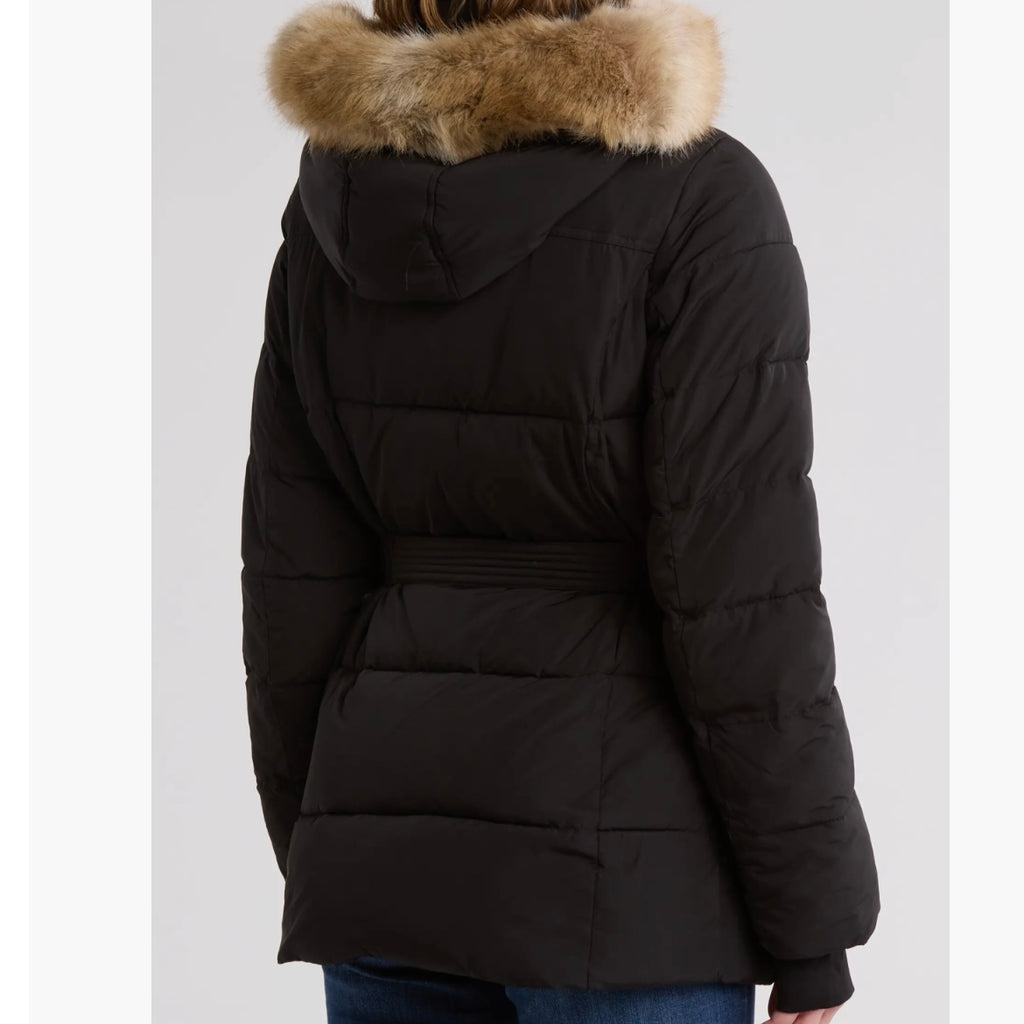 MICHAEL KORS FAUX FUR TRIM HOODED BELTED PUFFER JACKET
