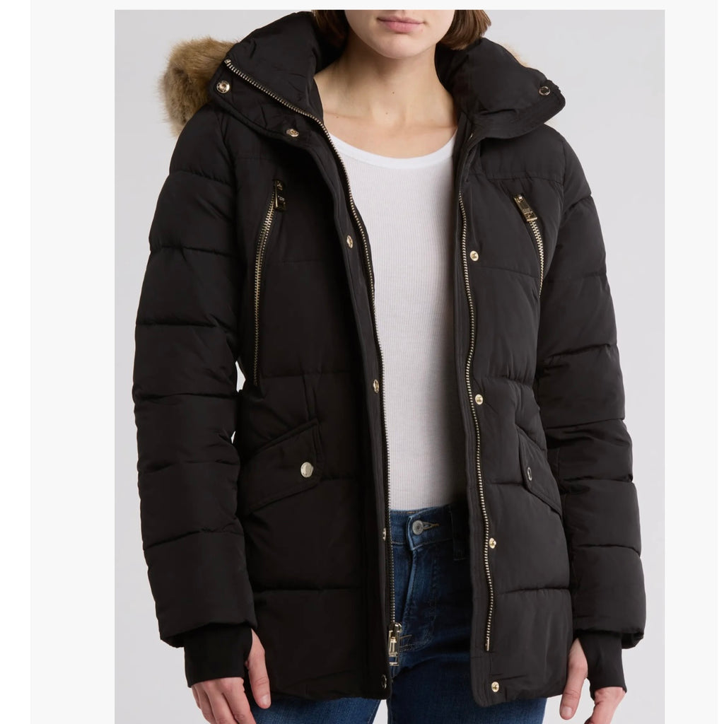 MICHAEL KORS FAUX FUR TRIM HOODED BELTED PUFFER JACKET