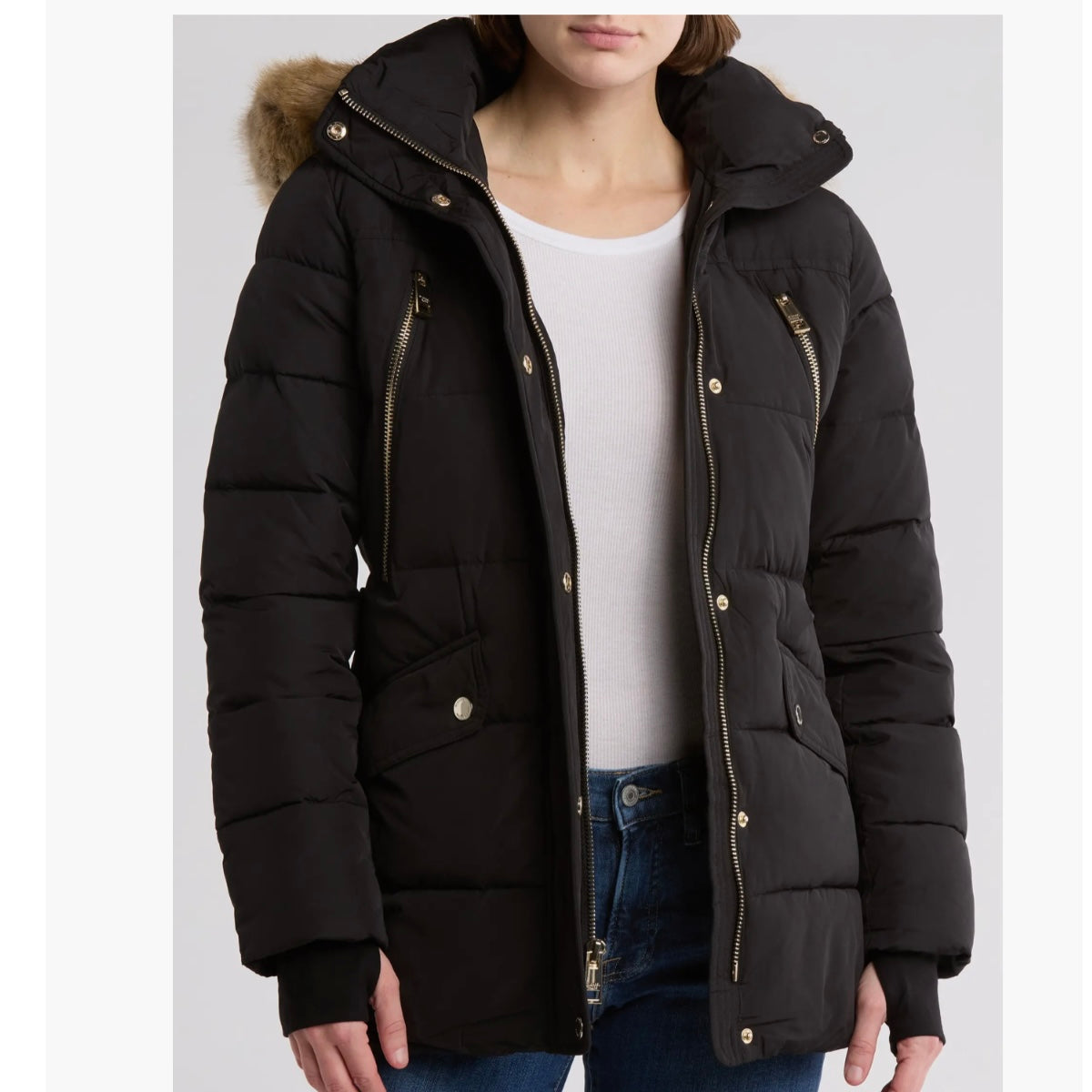MICHAEL KORS FAUX FUR TRIM HOODED BELTED PUFFER JACKET