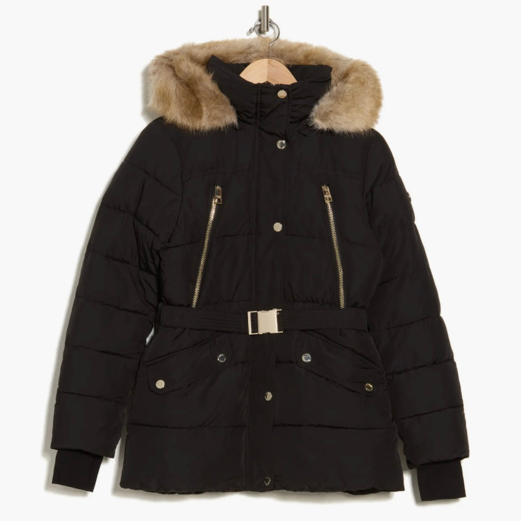 MICHAEL KORS FAUX FUR TRIM HOODED BELTED PUFFER JACKET