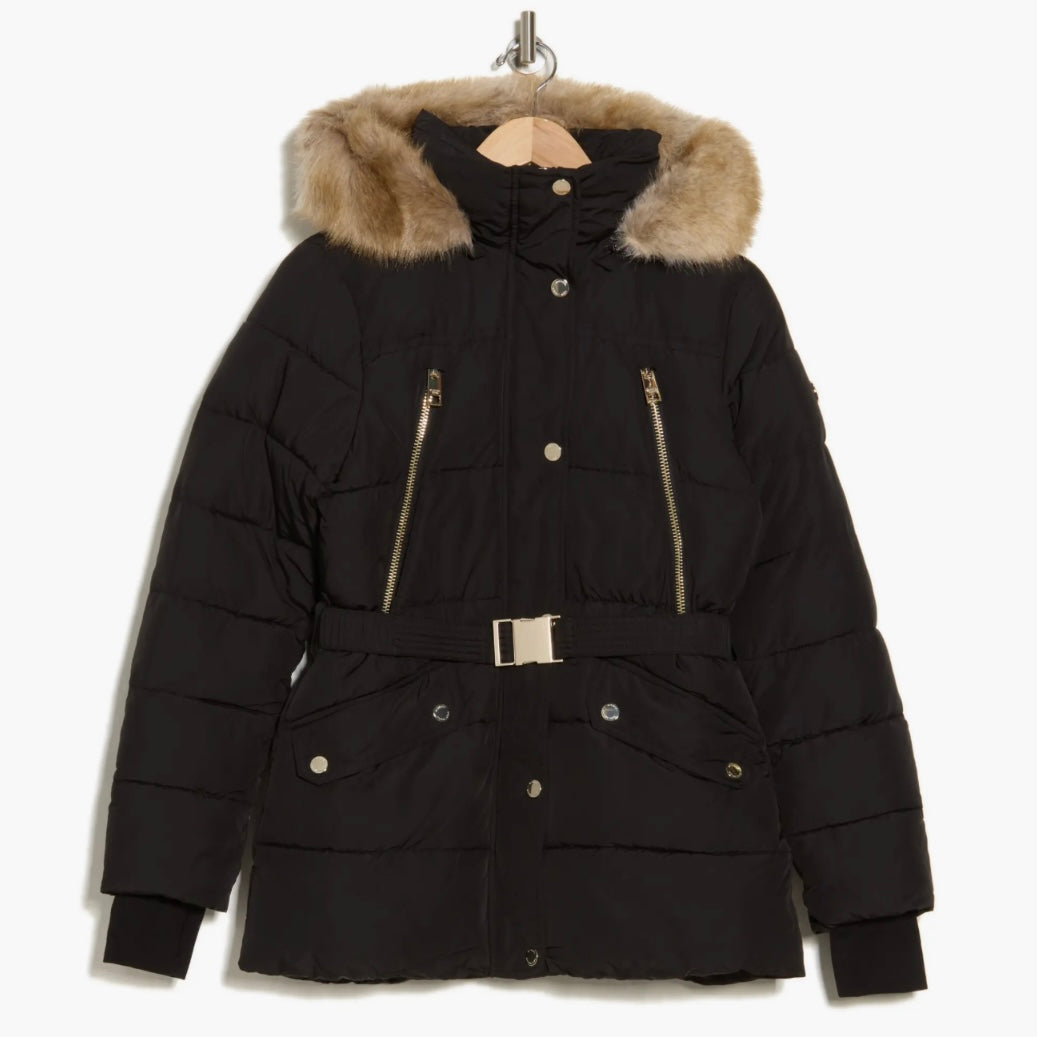 MICHAEL KORS FAUX FUR TRIM HOODED BELTED PUFFER JACKET