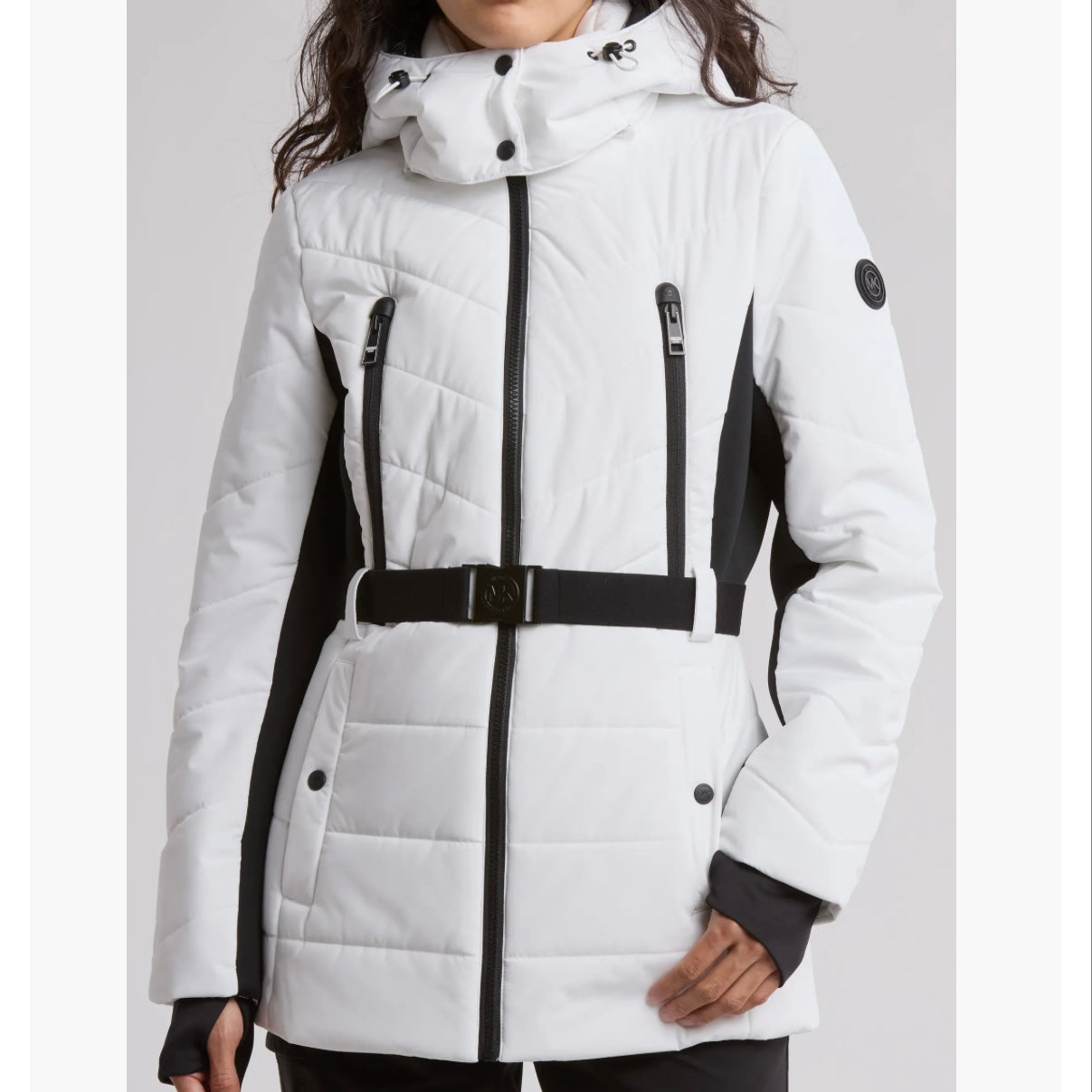 MICHAEL KORS HOODED BELTED CHEVRON QUILTED PUFFER JACKET