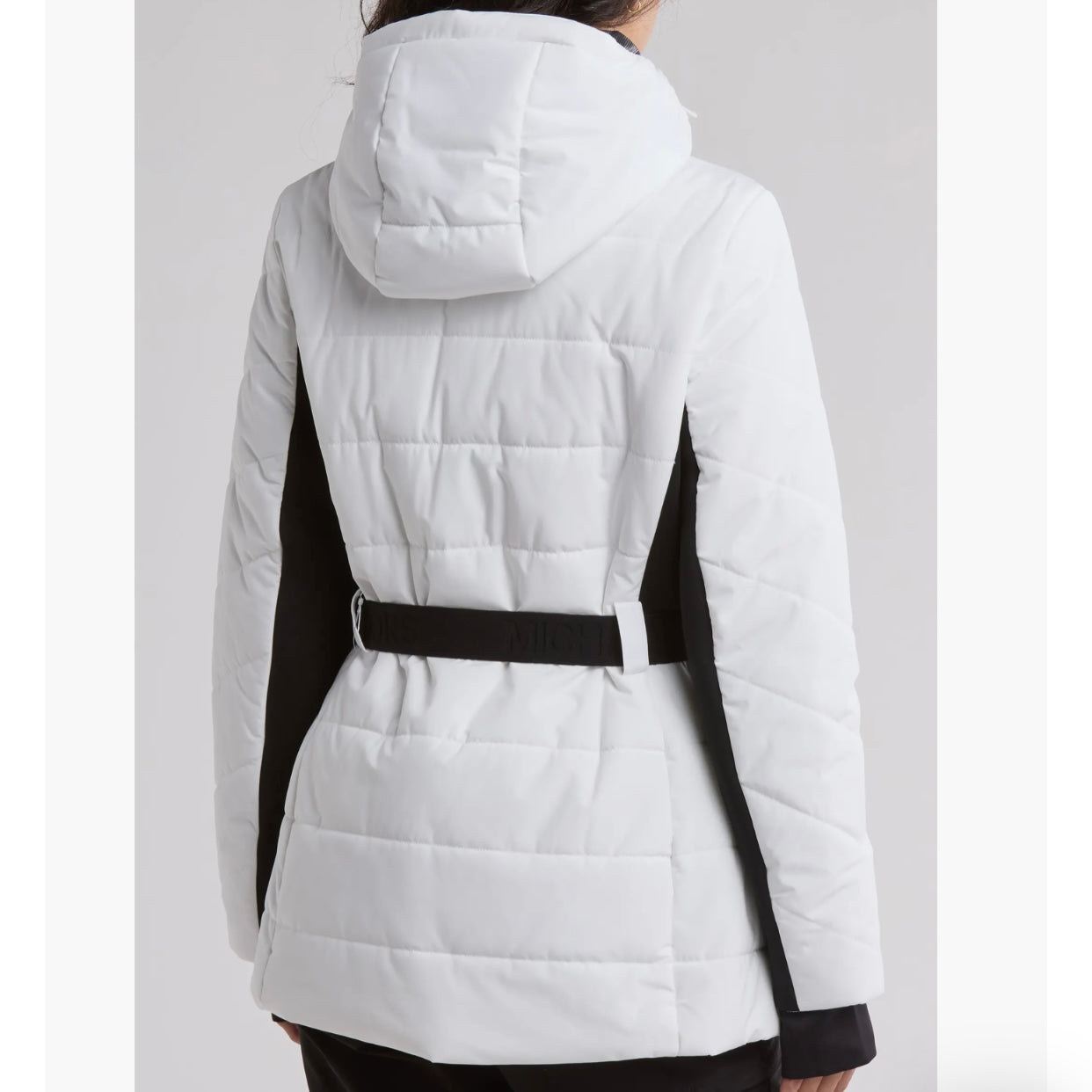 MICHAEL KORS HOODED BELTED CHEVRON QUILTED PUFFER JACKET