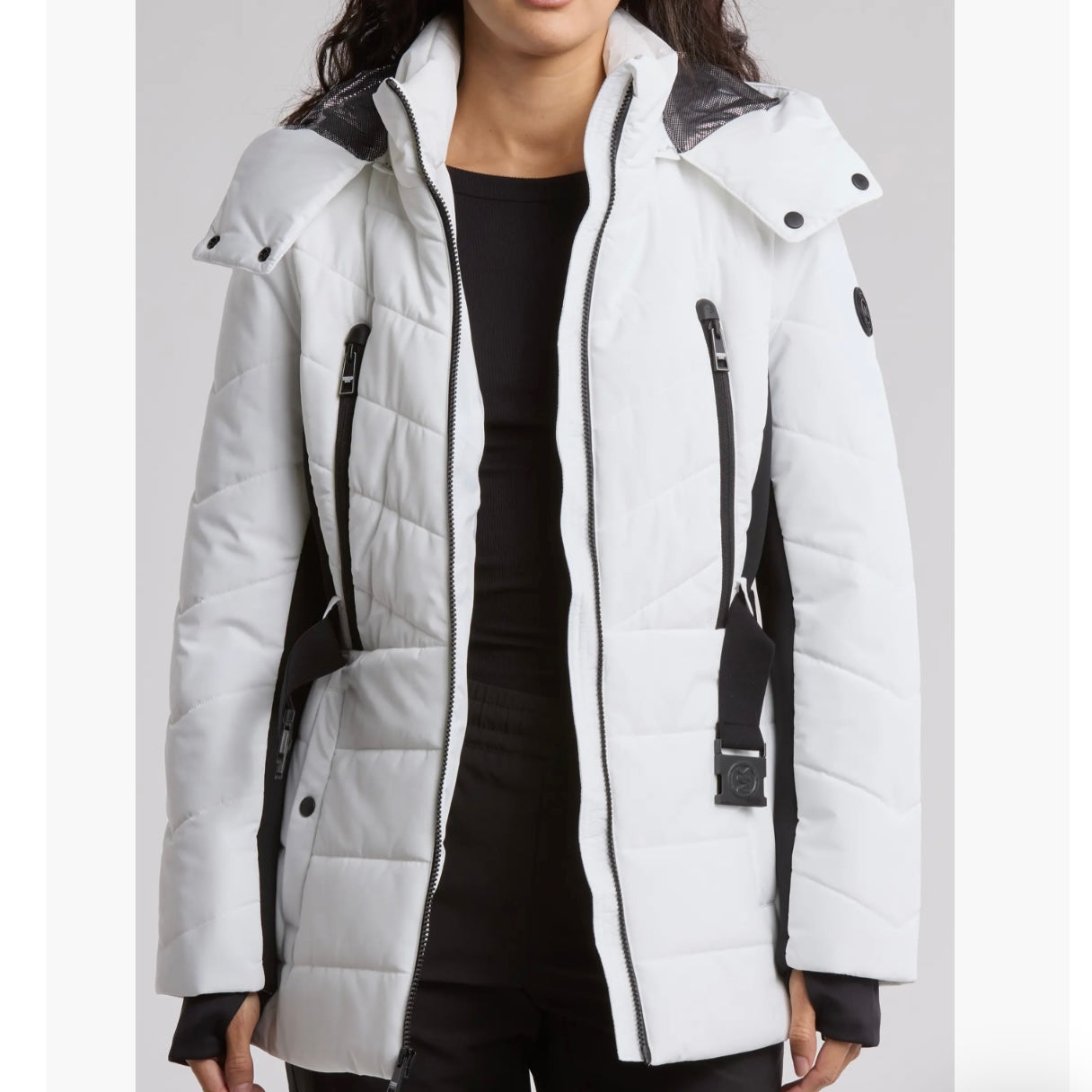 MICHAEL KORS HOODED BELTED CHEVRON QUILTED PUFFER JACKET