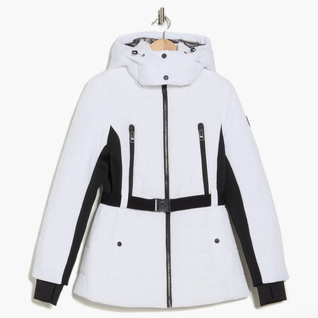 MICHAEL KORS HOODED BELTED CHEVRON QUILTED PUFFER JACKET