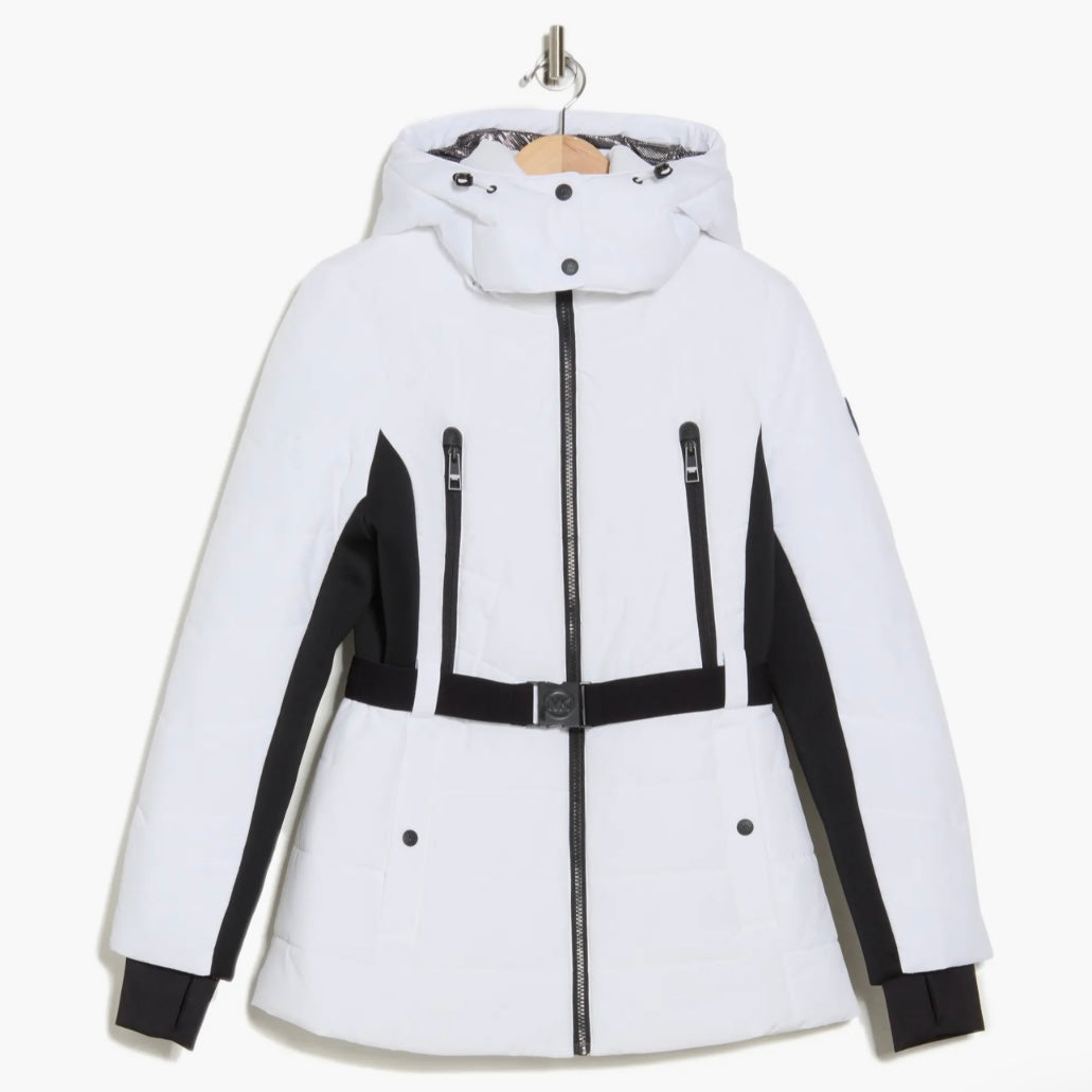 MICHAEL KORS HOODED BELTED CHEVRON QUILTED PUFFER JACKET