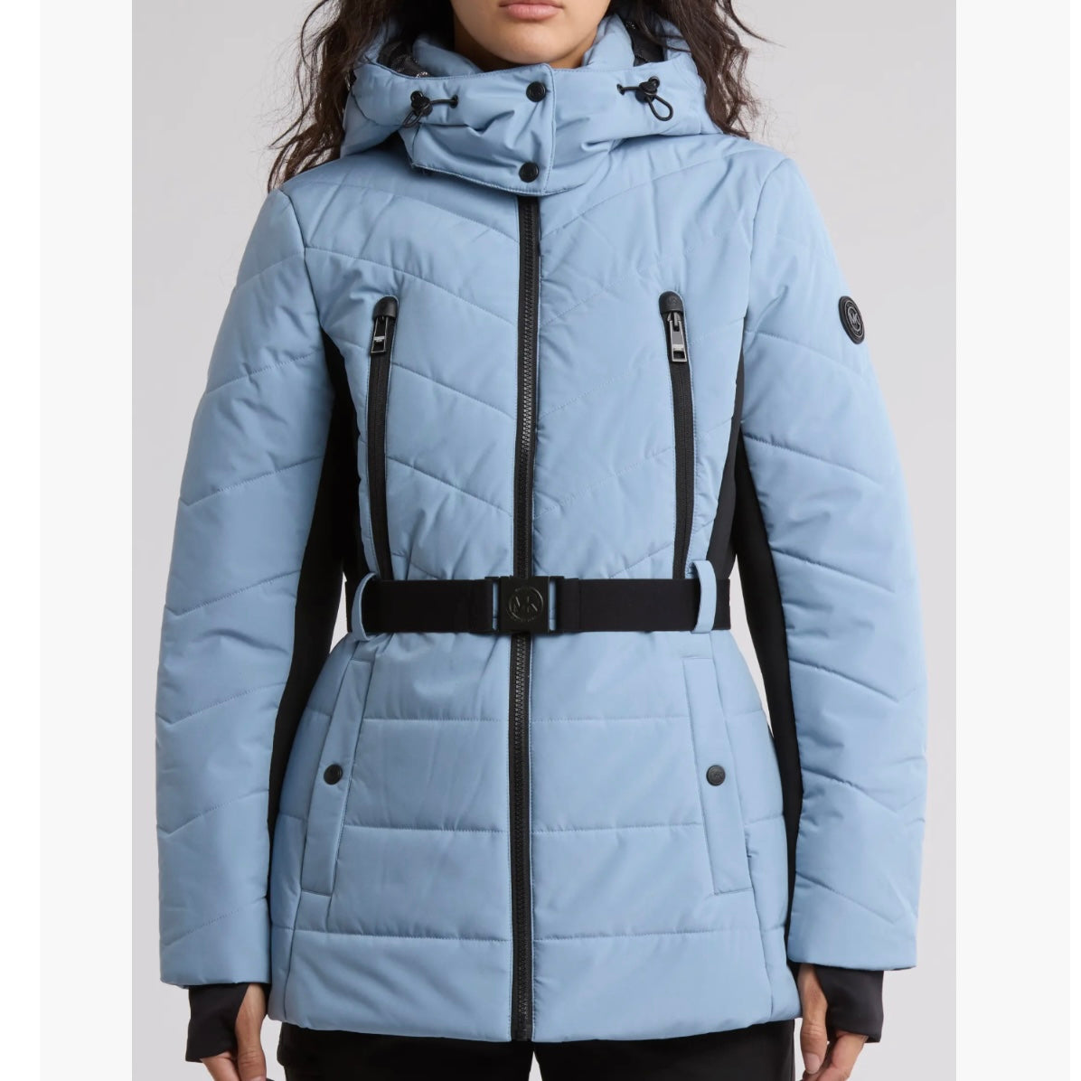MICHAEL KORS HOODED BELTED CHEVRON QUILTED PUFFER JACKET