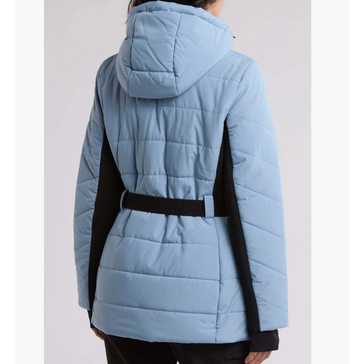MICHAEL KORS HOODED BELTED CHEVRON QUILTED PUFFER JACKET