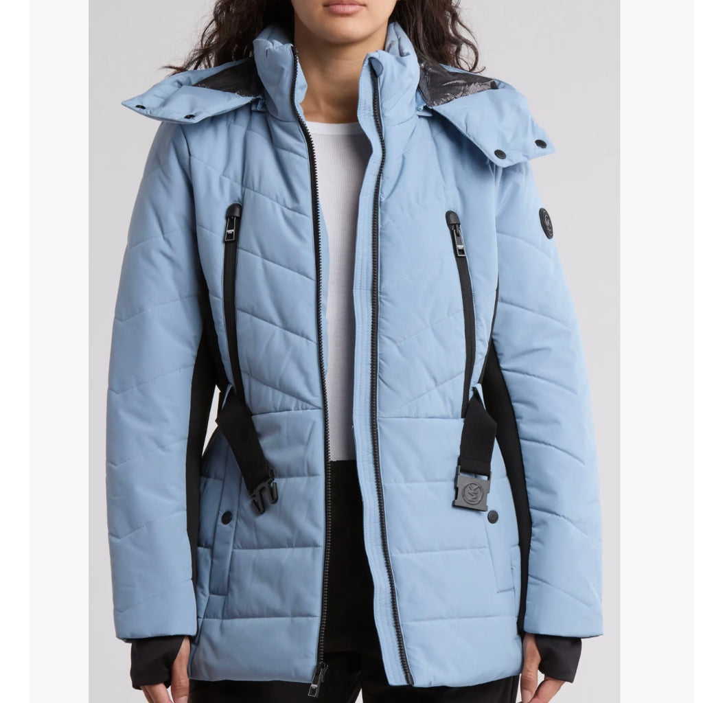 MICHAEL KORS HOODED BELTED CHEVRON QUILTED PUFFER JACKET