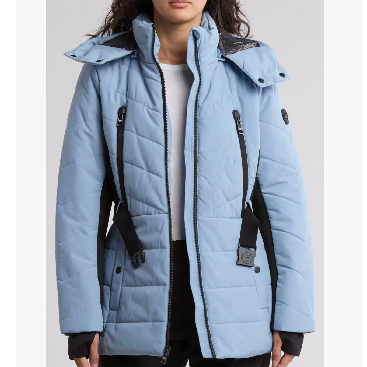 MICHAEL KORS HOODED BELTED CHEVRON QUILTED PUFFER JACKET