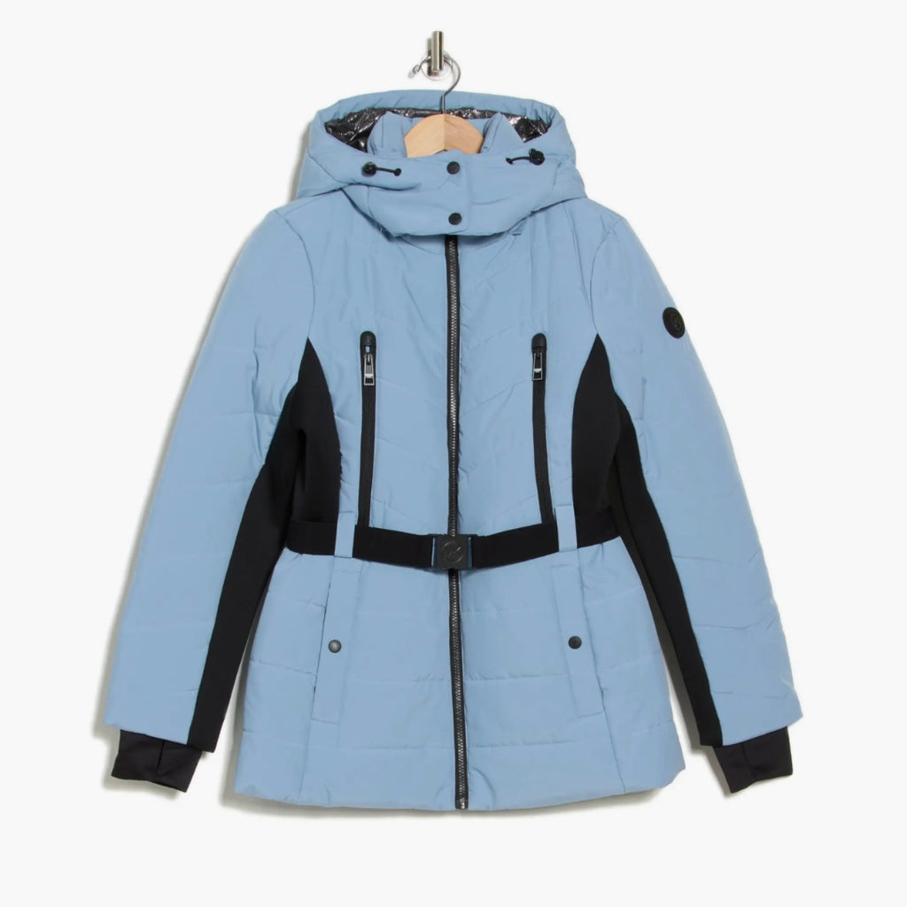 MICHAEL KORS HOODED BELTED CHEVRON QUILTED PUFFER JACKET