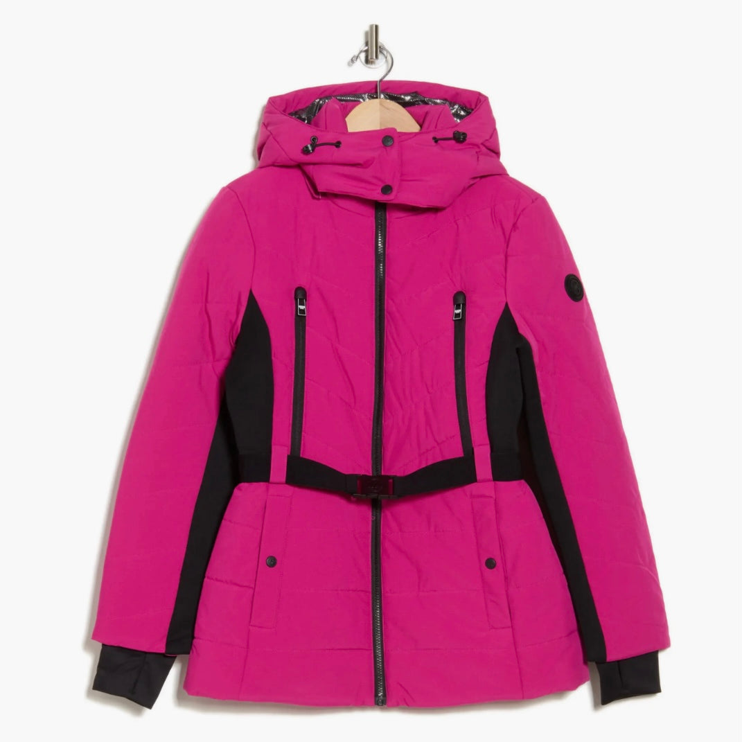 MICHAEL KORS HOODED BELTED CHEVRON QUILTED PUFFER JACKET