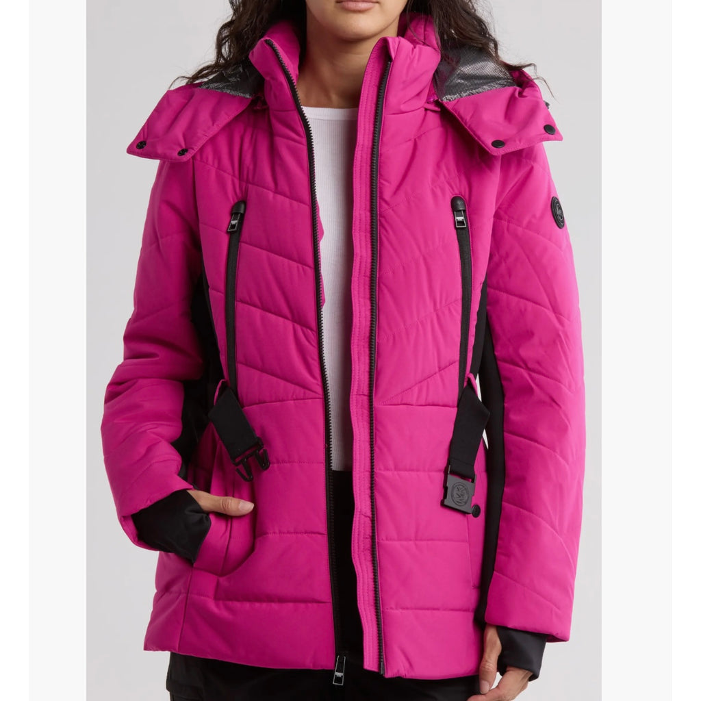 MICHAEL KORS HOODED BELTED CHEVRON QUILTED PUFFER JACKET