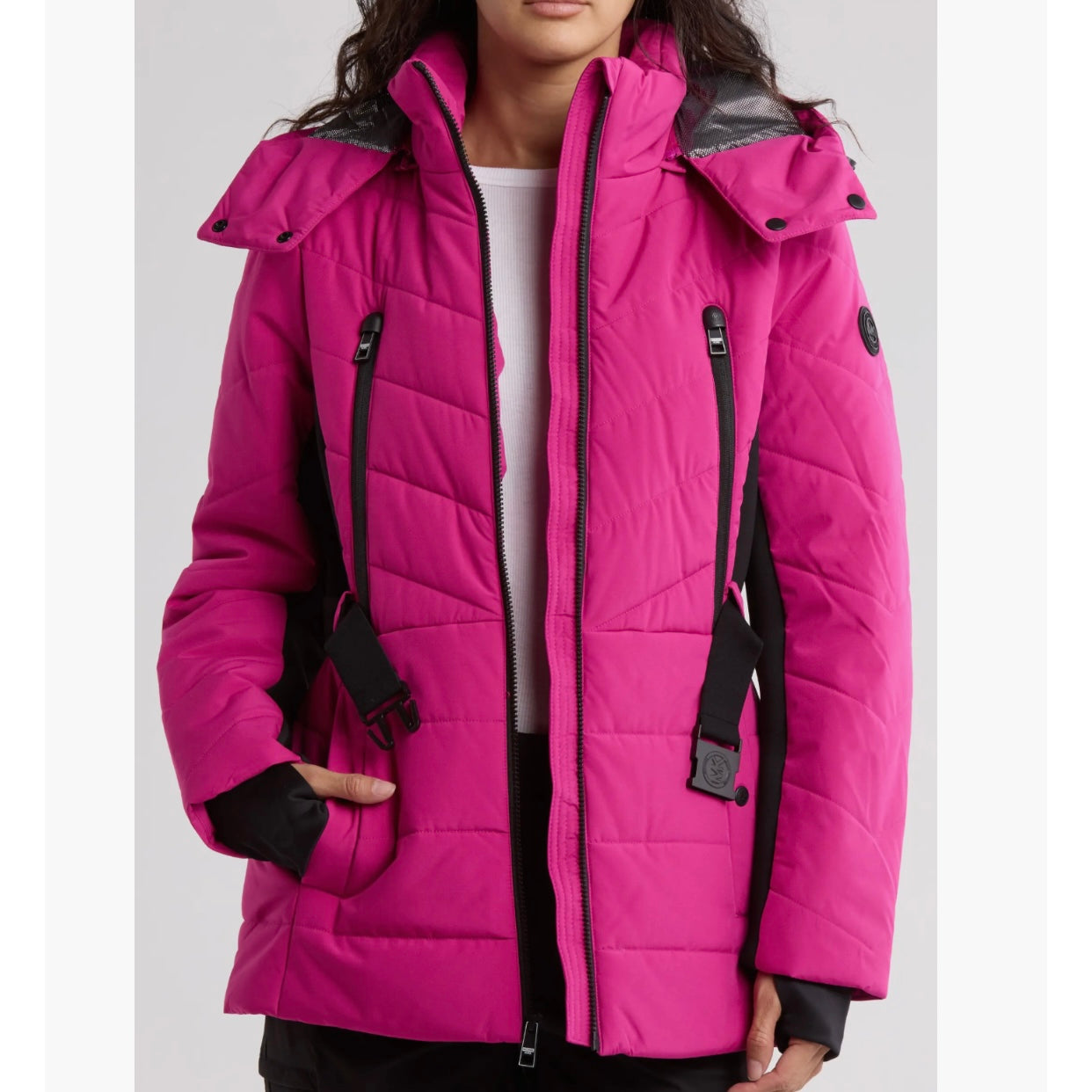 MICHAEL KORS HOODED BELTED CHEVRON QUILTED PUFFER JACKET
