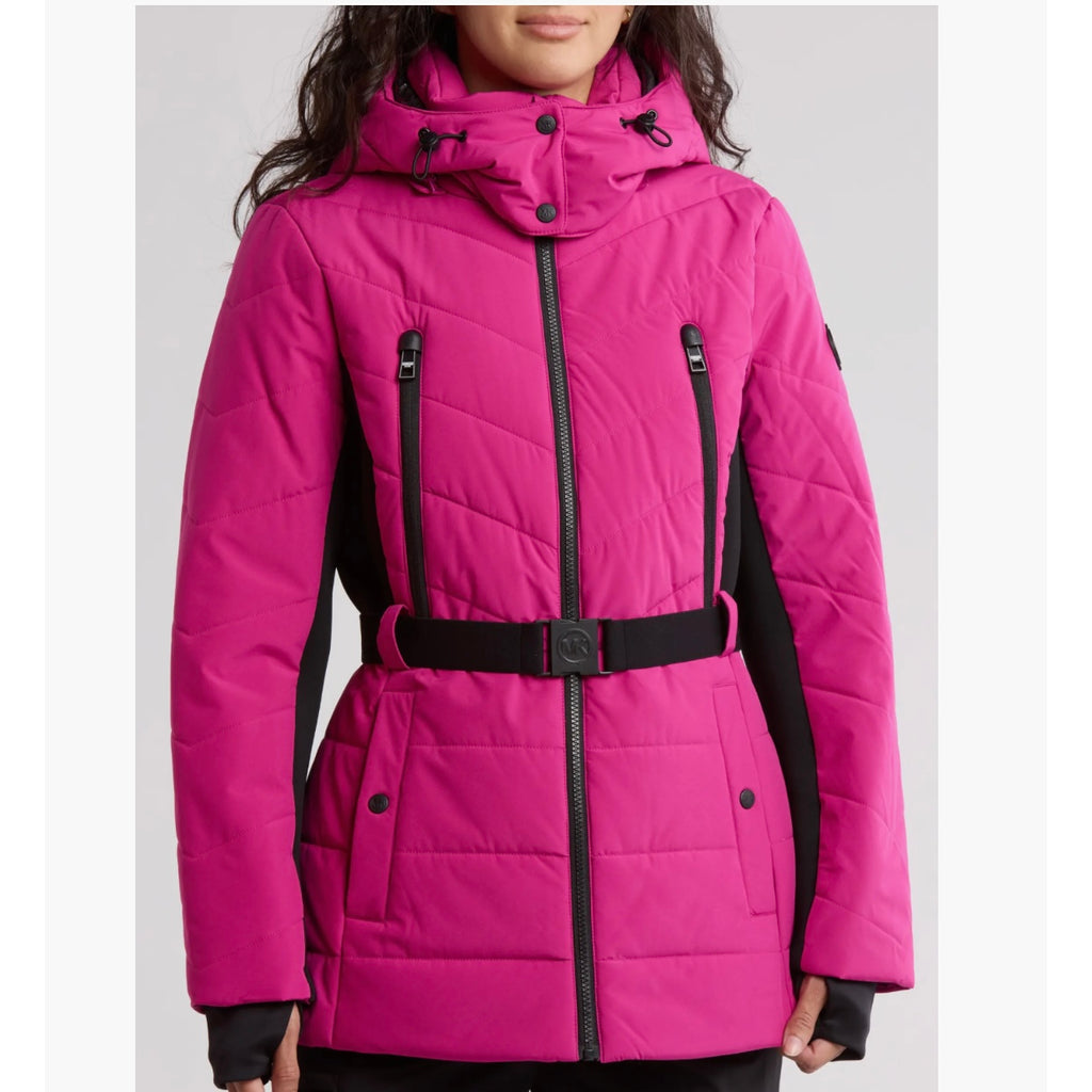 MICHAEL KORS HOODED BELTED CHEVRON QUILTED PUFFER JACKET