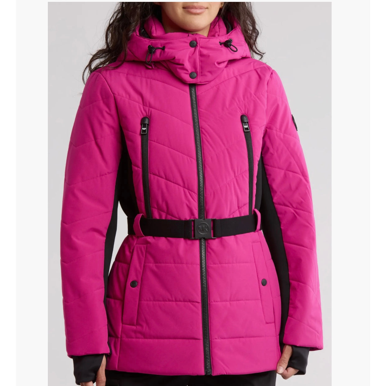 MICHAEL KORS HOODED BELTED CHEVRON QUILTED PUFFER JACKET