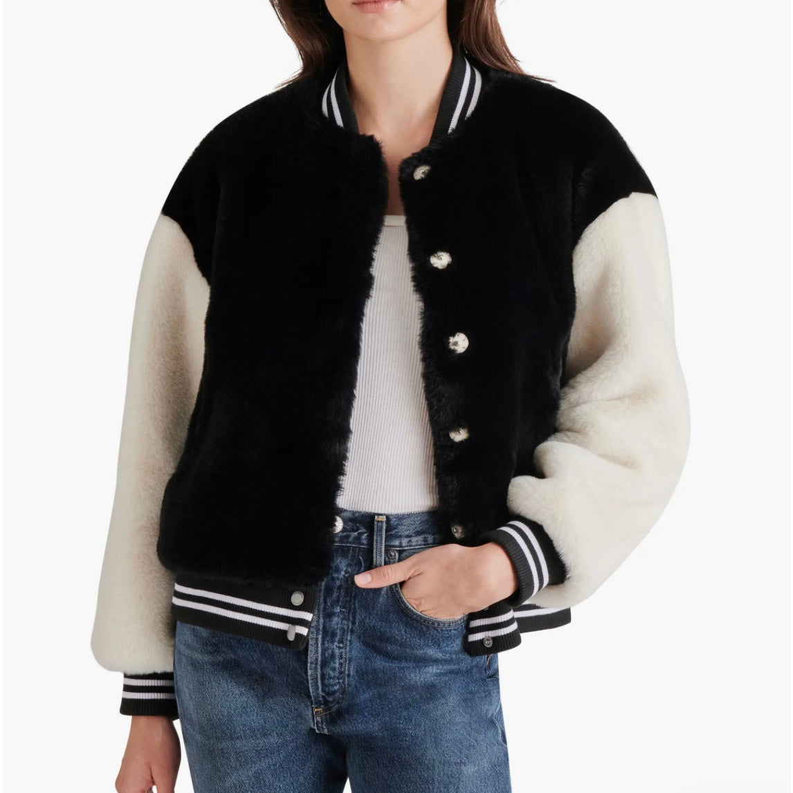 STEVE MADDEN FAUX FUR VARSITY JACKET