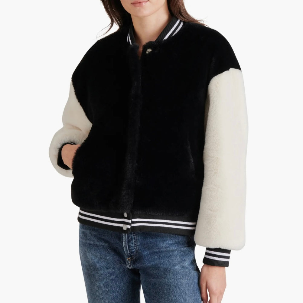 STEVE MADDEN FAUX FUR VARSITY JACKET