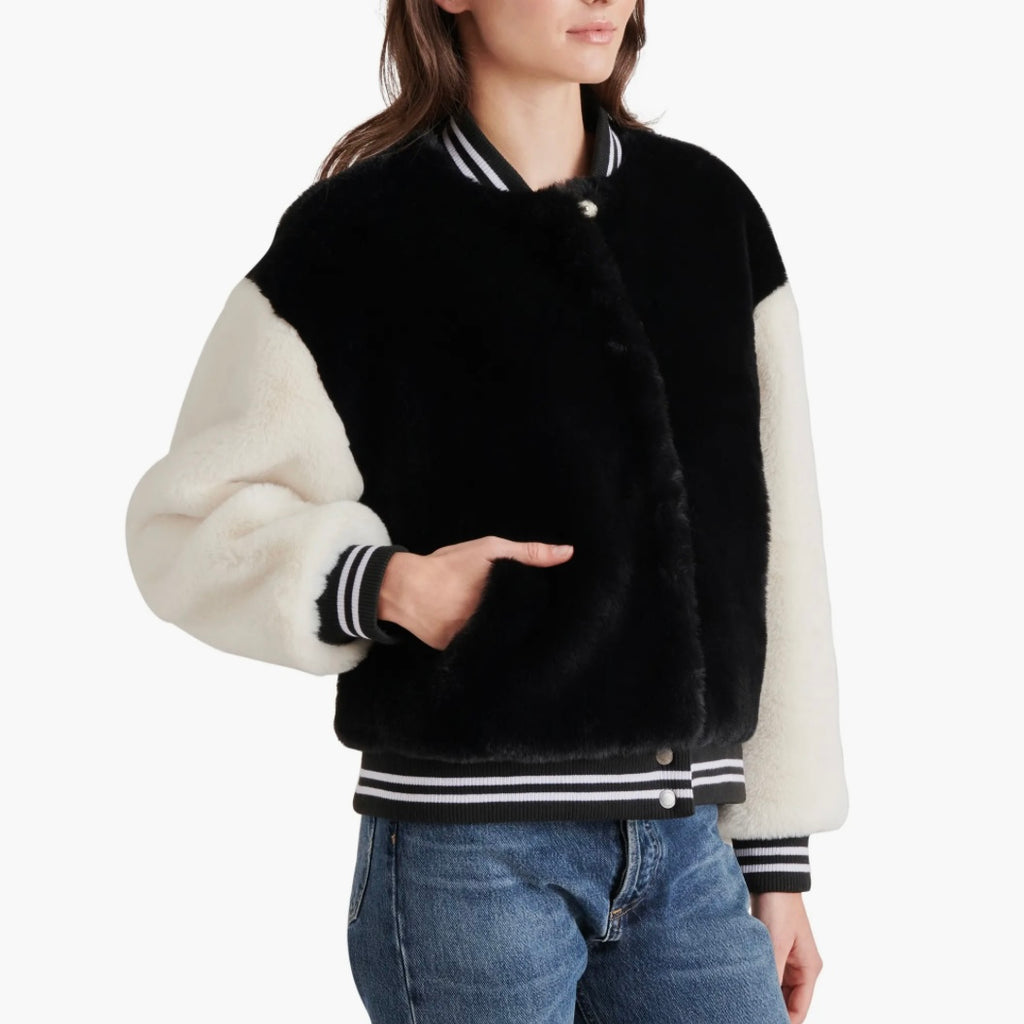 STEVE MADDEN FAUX FUR VARSITY JACKET