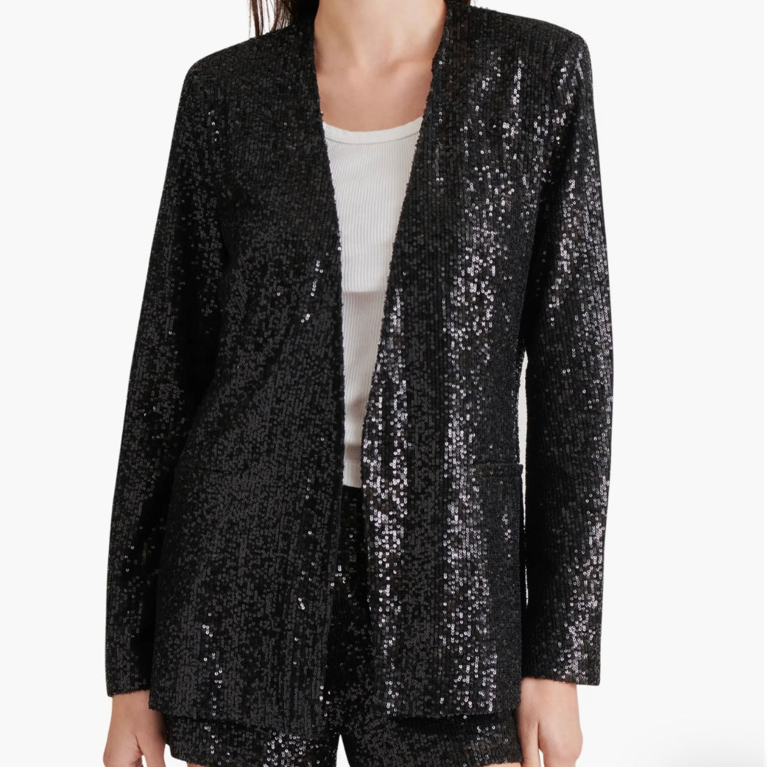 STEVE MADDEN COLLARLESS SEQUIN BLAZER